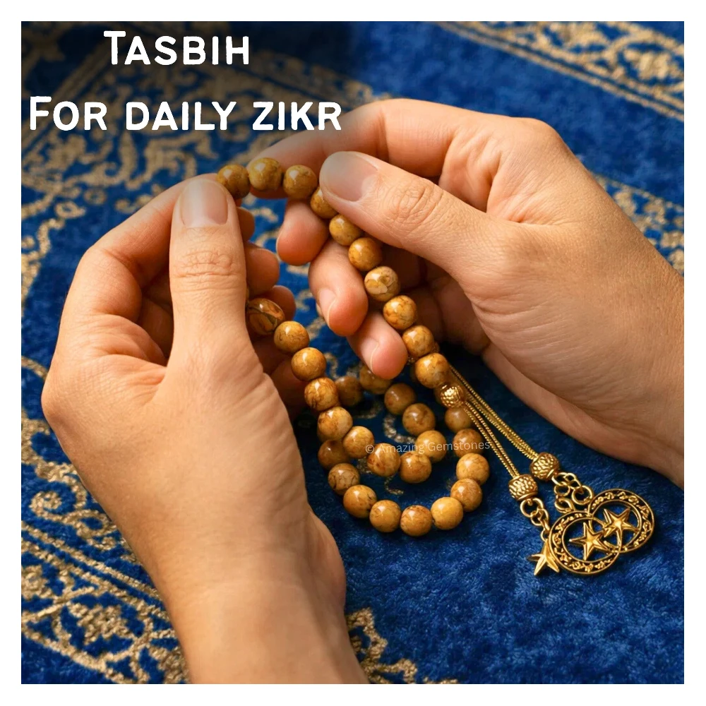 Yellow Jasper Crystal Tasbeeh Sibha Prayer Beads (Gold)