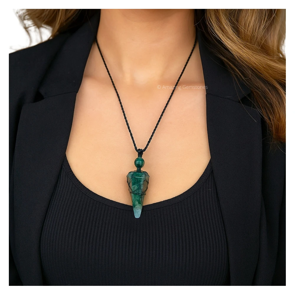 Moss Agate Pendulum Pendant Necklace (Macrame)