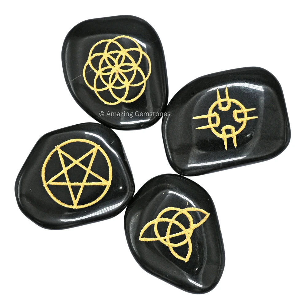 Black Agate Wiccan Engraved Stones (Set of 4)