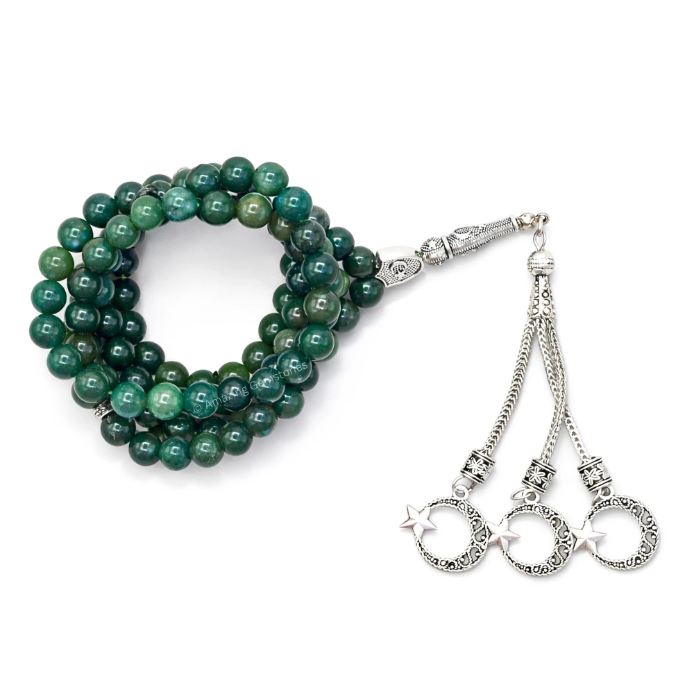 Moss Agate Crystal Tasbeeh Sibha Prayer Beads (Silver)