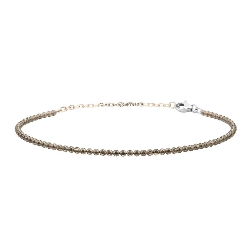 Smoky Quartz Crystal Bracelet - 2mm Faceted Bead (Silver)
