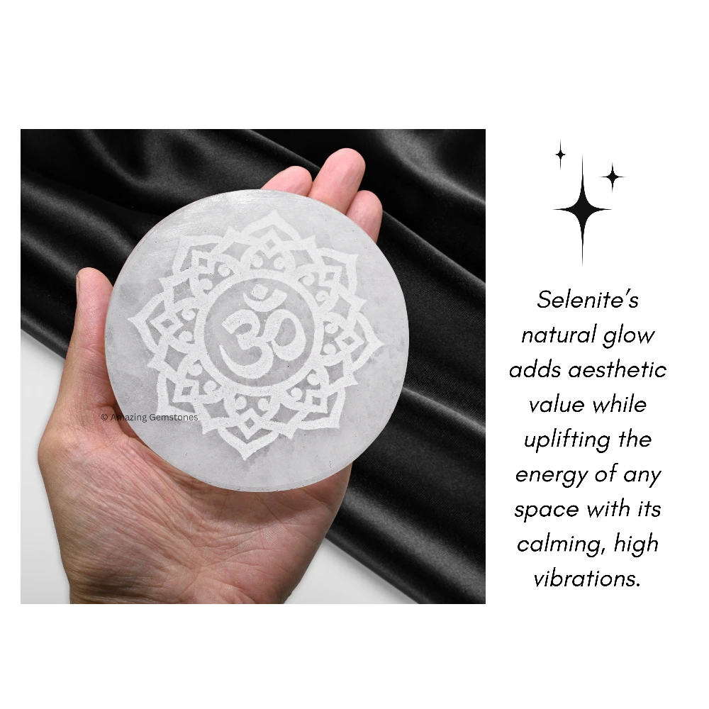 Selenite Charging Plate for Crystals - Om FOL (4 Inch)