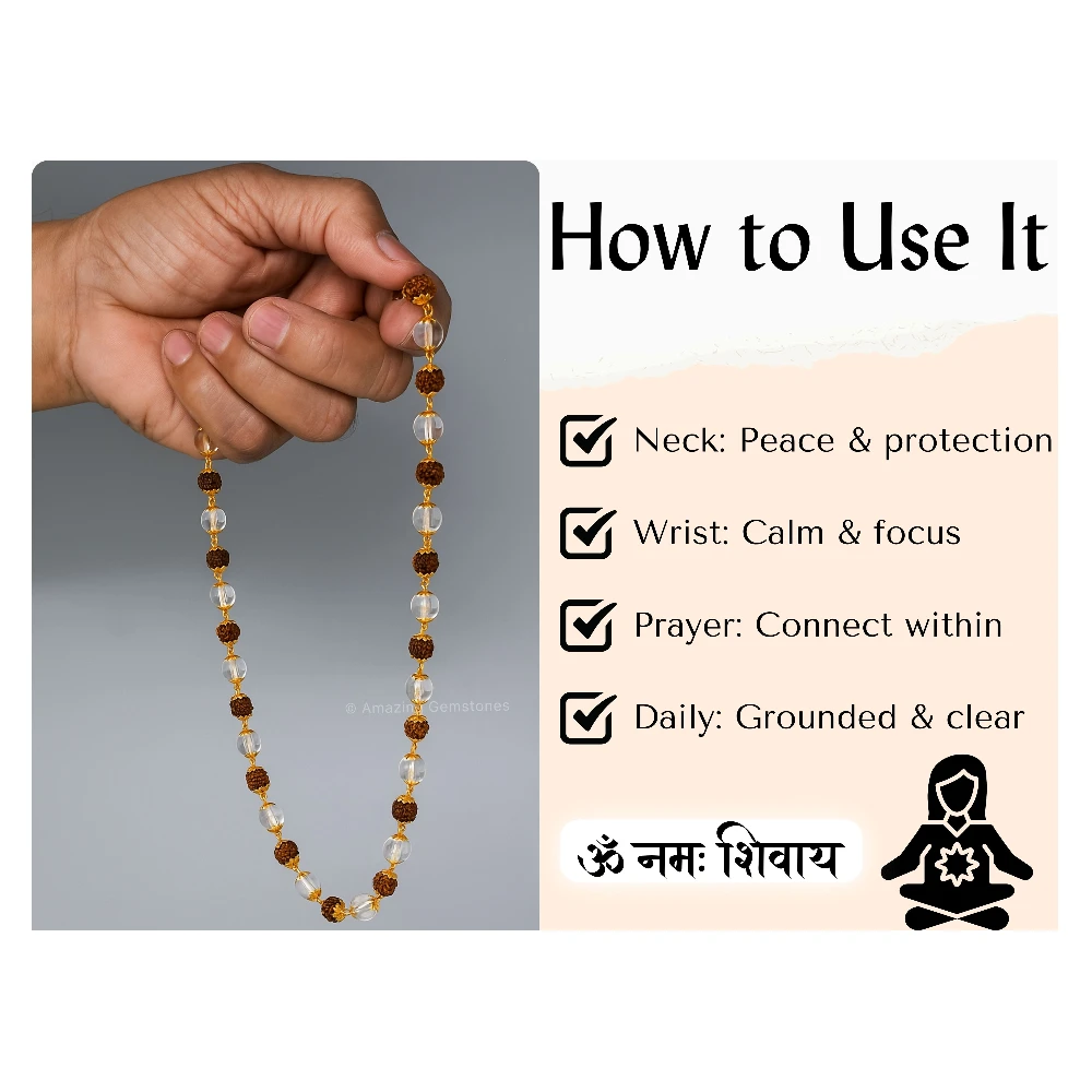 Rudraksha and Sphatik Mala Necklace (Gold Chain)