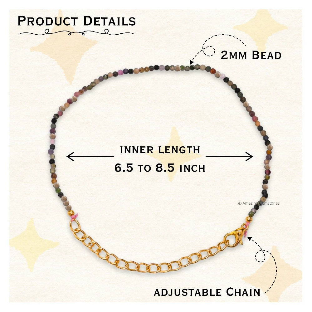 Multi Tourmaline Crystal Bracelet - 2mm Faceted Bead (Gold)