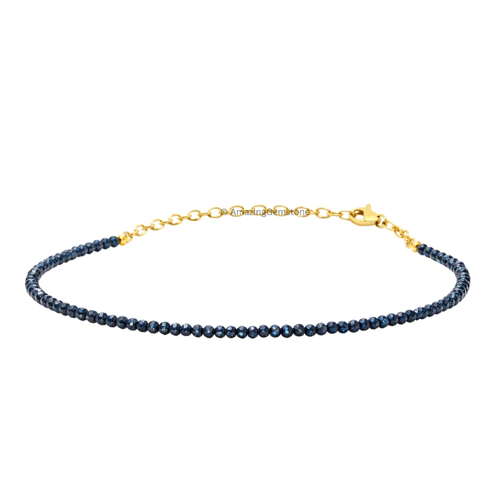 Blue Sunstone Dyed Crystal Bracelet - 2mm Faceted Bead (Gold)