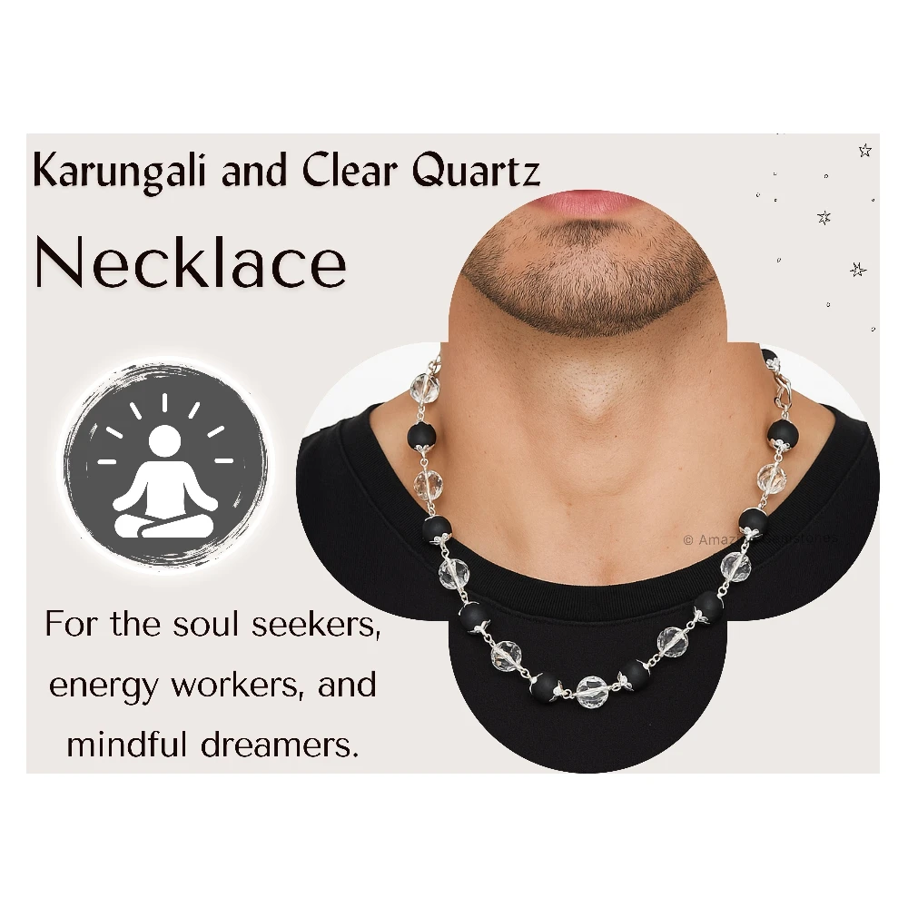 Karungali and Sphatik Mala Necklace (Silver Chain - Faceted)