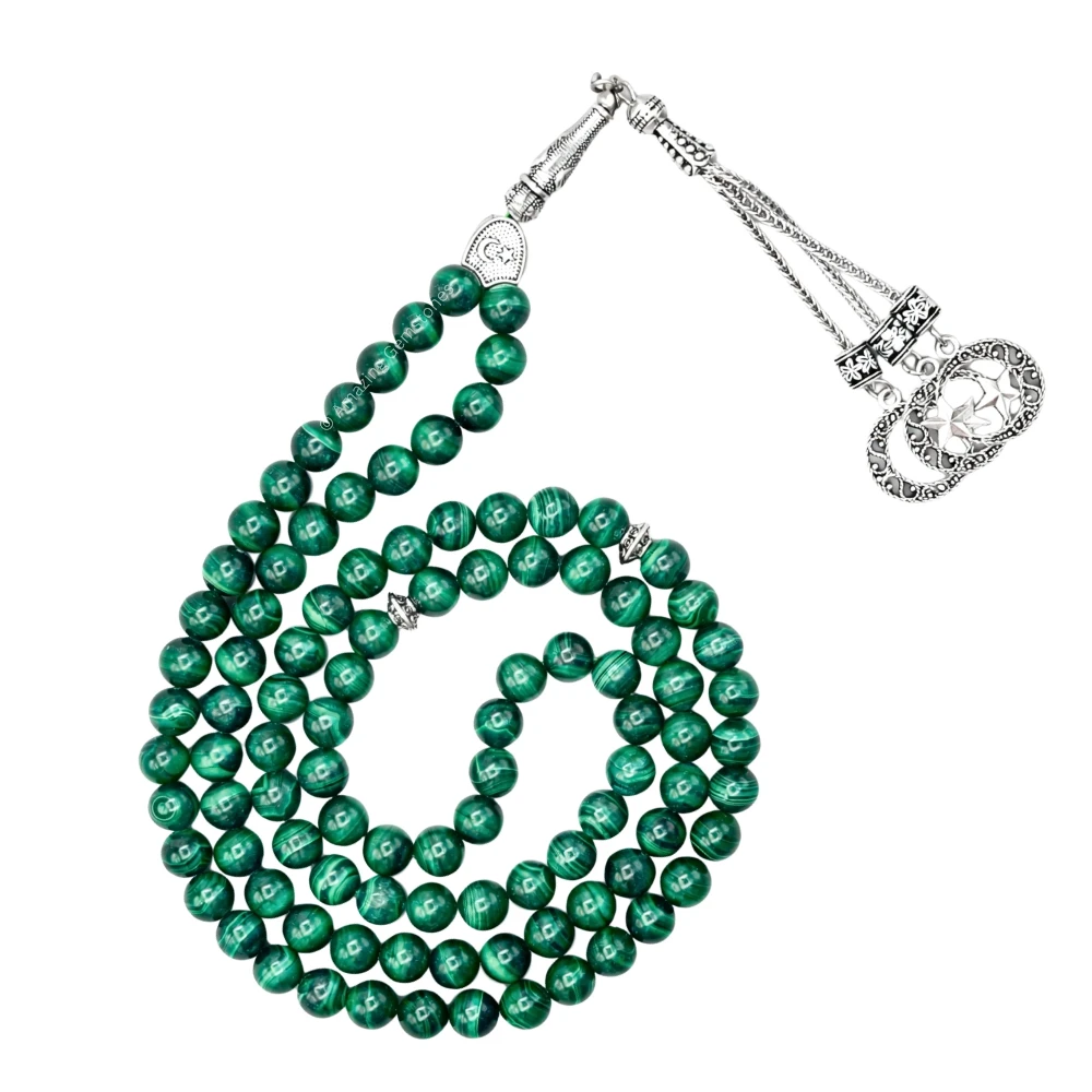 Malachite Crystal Tasbeeh Sibha Prayer Beads (Silver)