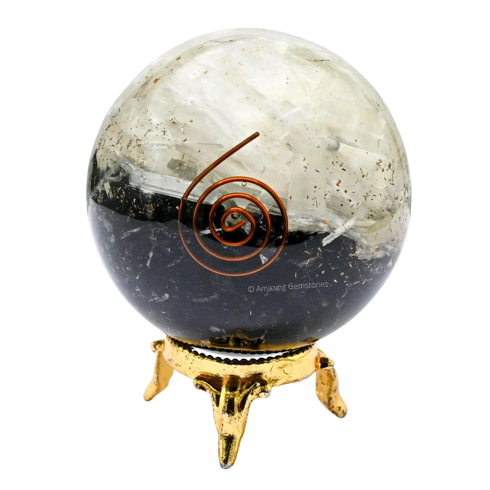 Black Tourmaline Selenite (Layer) Orgone Sphere (2.5 Inch)
