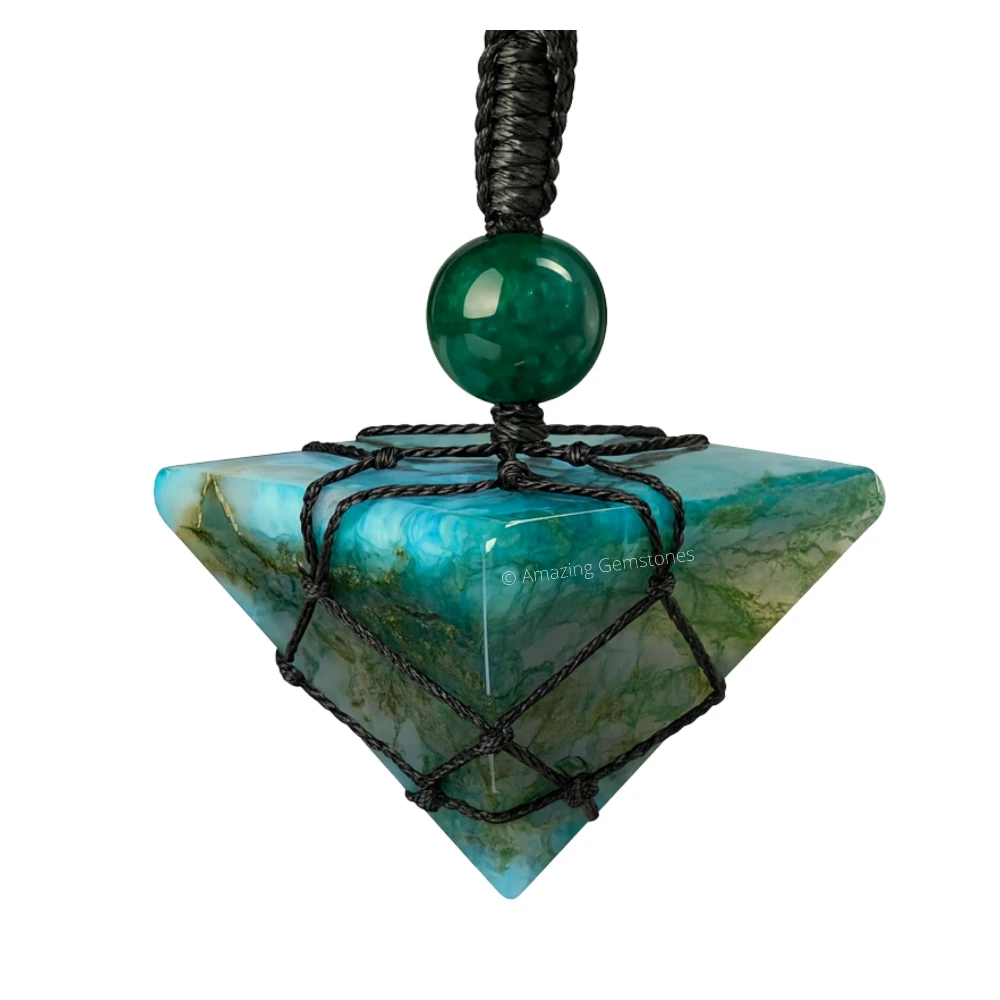 Moss Agate Pyramid Pendant Necklace (Macrame)