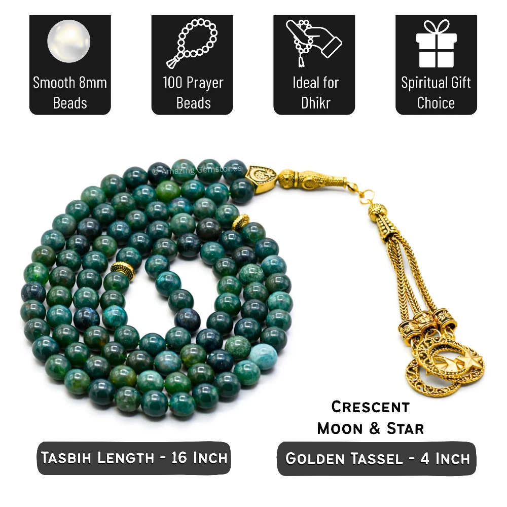 Moss Agate Crystal Tasbeeh Sibha Prayer Beads (Gold)
