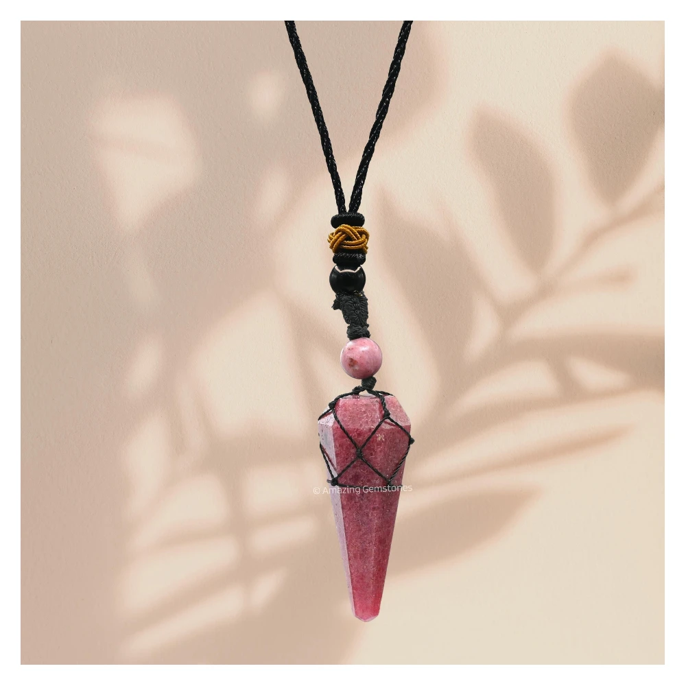 Pink Rhodonite Pendulum Pendant Necklace (Macrame)