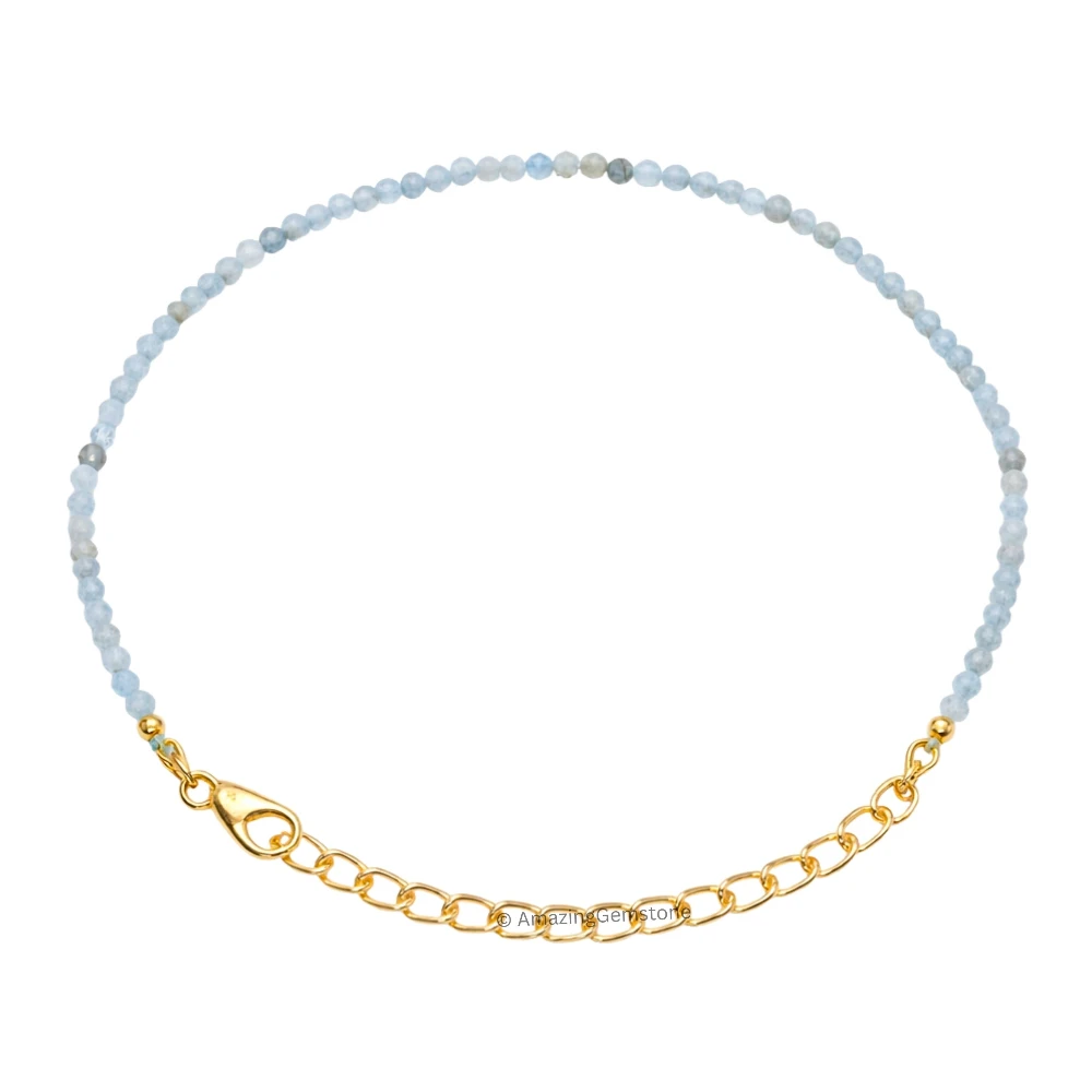Aquamarine Crystal Bracelet - 2mm Faceted Bead (Gold)