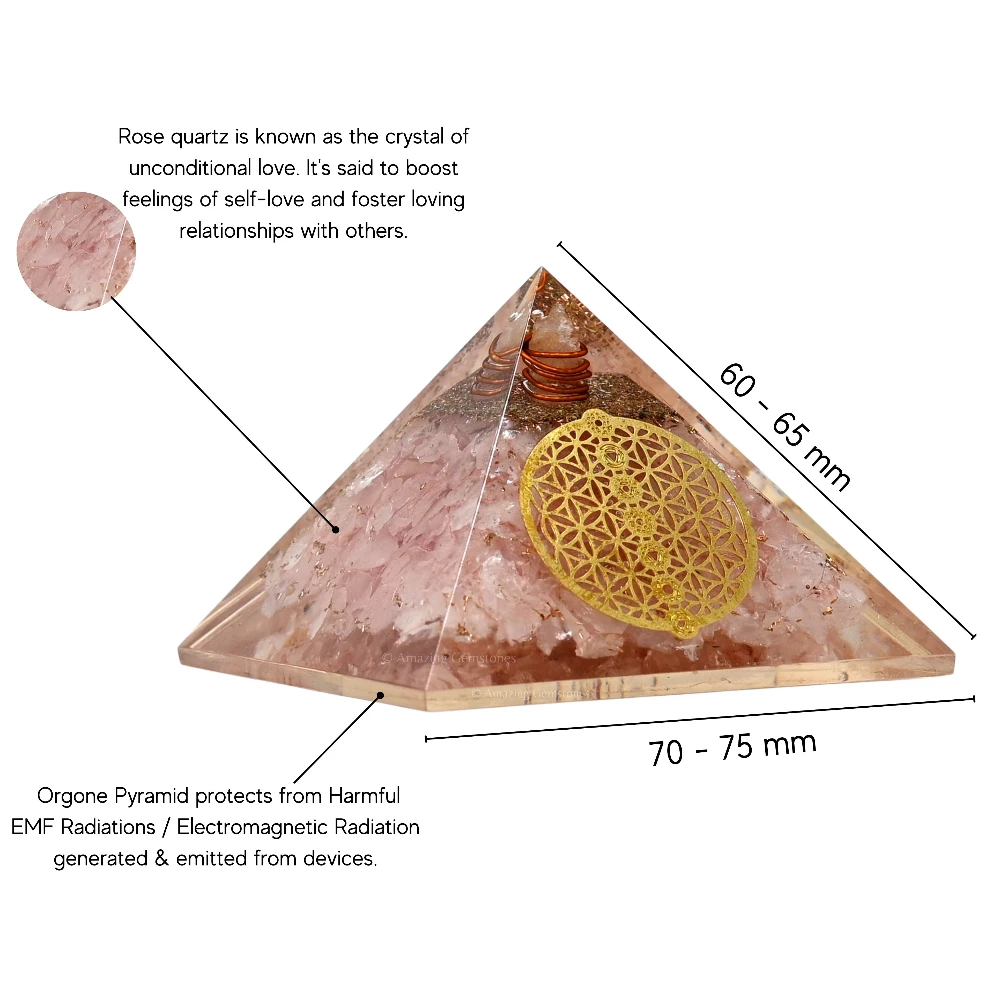 Rose Quartz Orgone Pyramid - Chakra Flower of Life