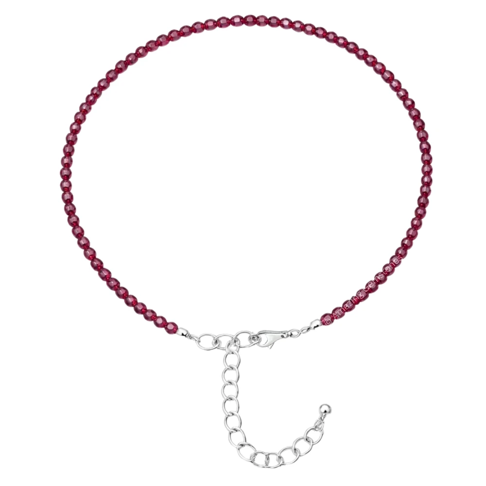 Pink Garnet Crystal Anklet - 2mm Faceted Bead (Silver)