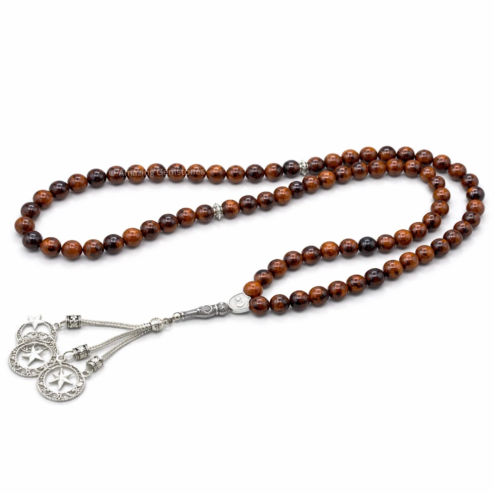 Mahogany Obsidian Crystal Tasbeeh Sibha Prayer Beads (Silver)