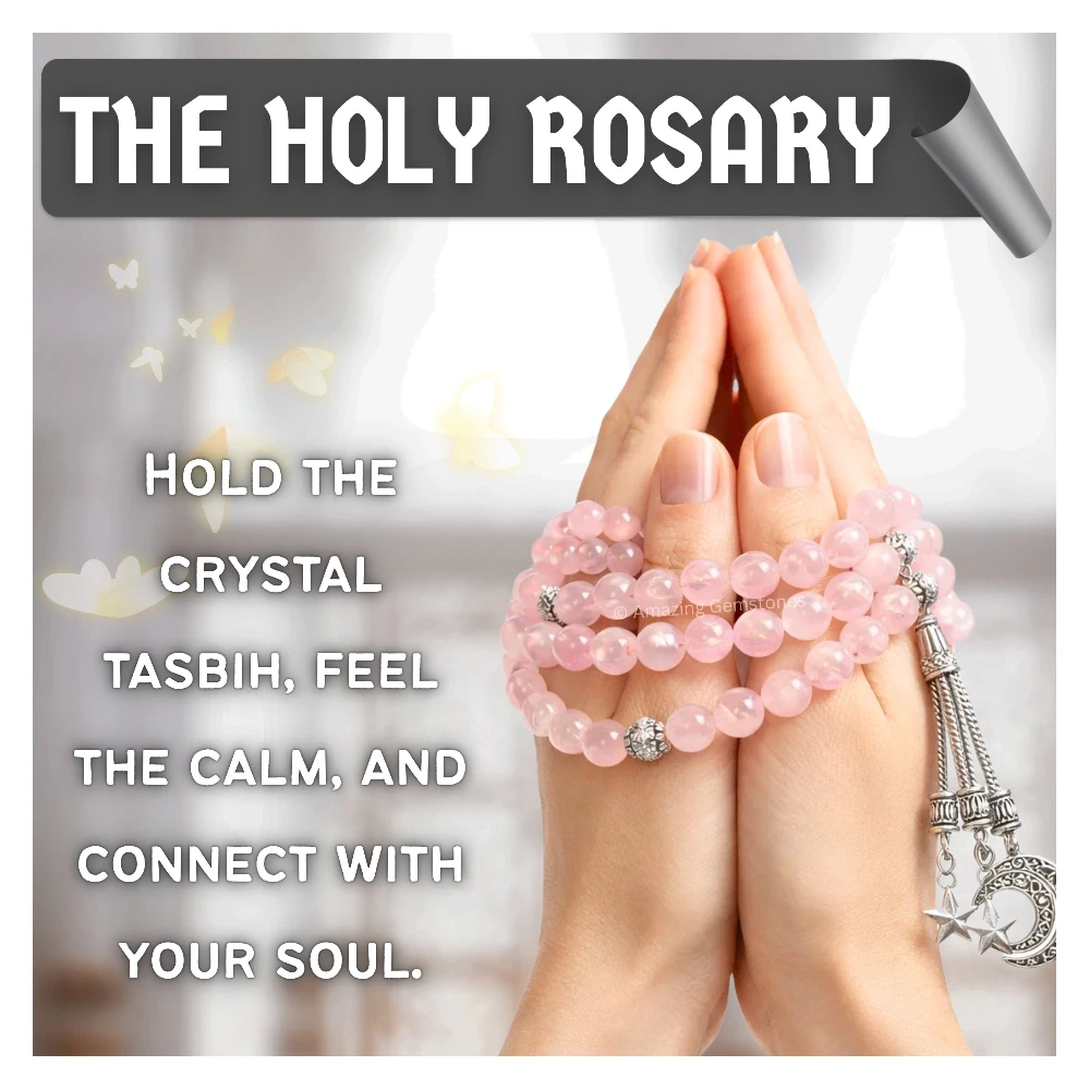 Rose Quartz Crystal Tasbeeh Sibha Prayer Beads (Silver)