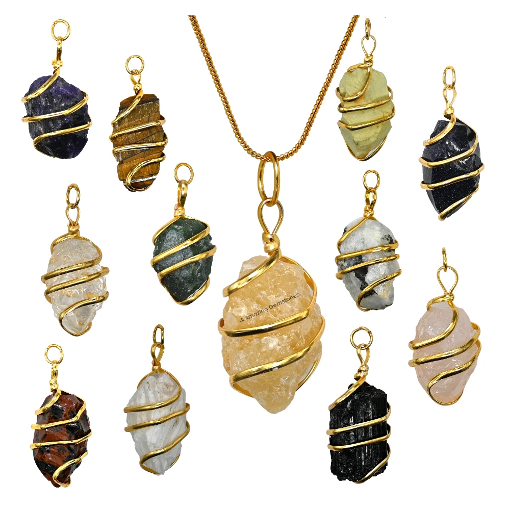 Set of 11 Crystal Spiral Raw Pendant Necklace