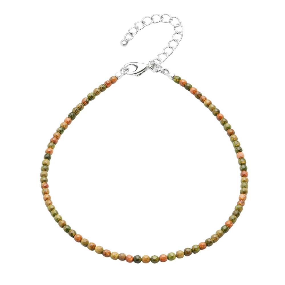 Unakite Crystal Anklet - 2mm Faceted Bead (Silver)