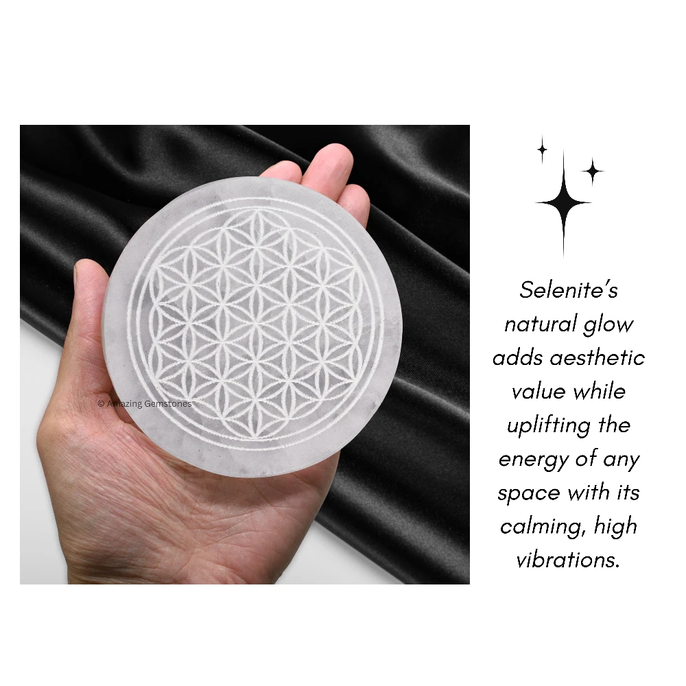 Selenite Charging Plate for Crystals - Flower of Life (4 Inch)