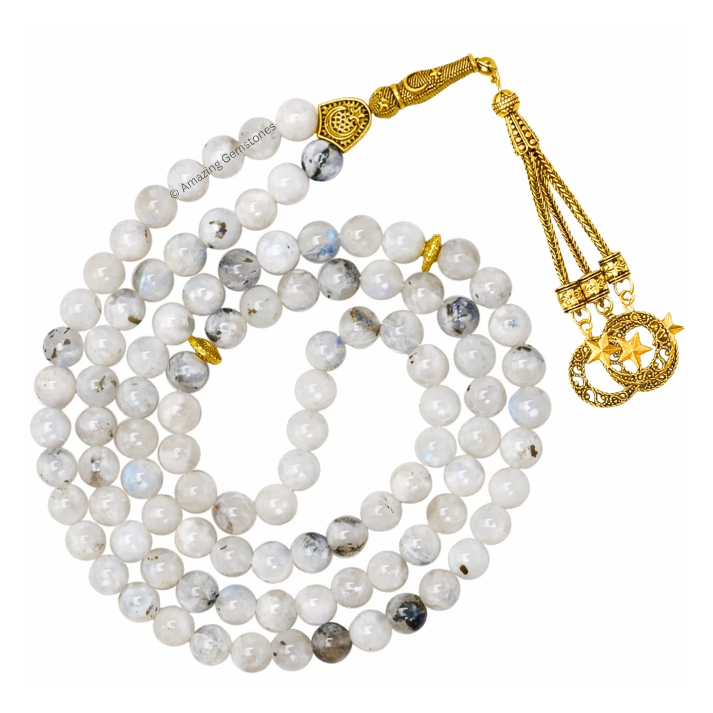 Rainbow Moonstone Crystal Tasbeeh Sibha Prayer Beads (Gold)