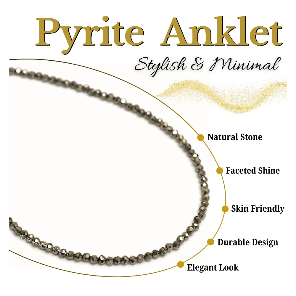 Pyrite Crystal Anklet - 2mm Faceted Bead (Gold)