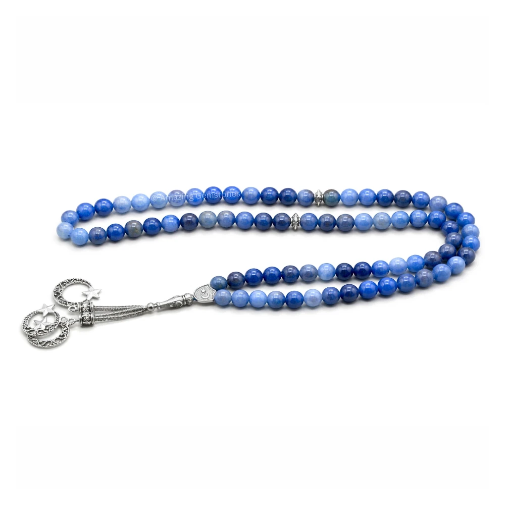 Blue Aventurine Crystal Tasbeeh Sibha Prayer Beads (Silver)