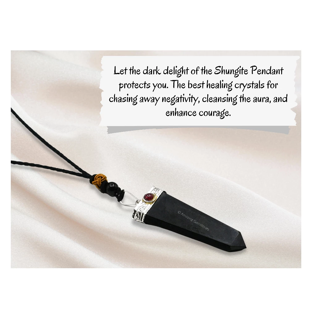 Shungite Necklace - Flat Pencil (Garnet)