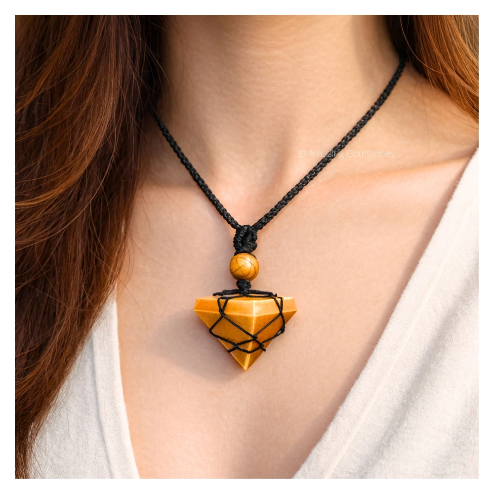 Yellow Jasper Pyramid Pendant Necklace (Macrame)