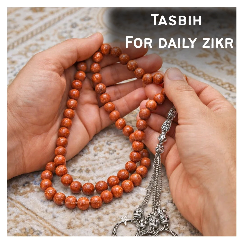 Red Goldstone Crystal Tasbeeh Sibha Prayer Beads (Silver)