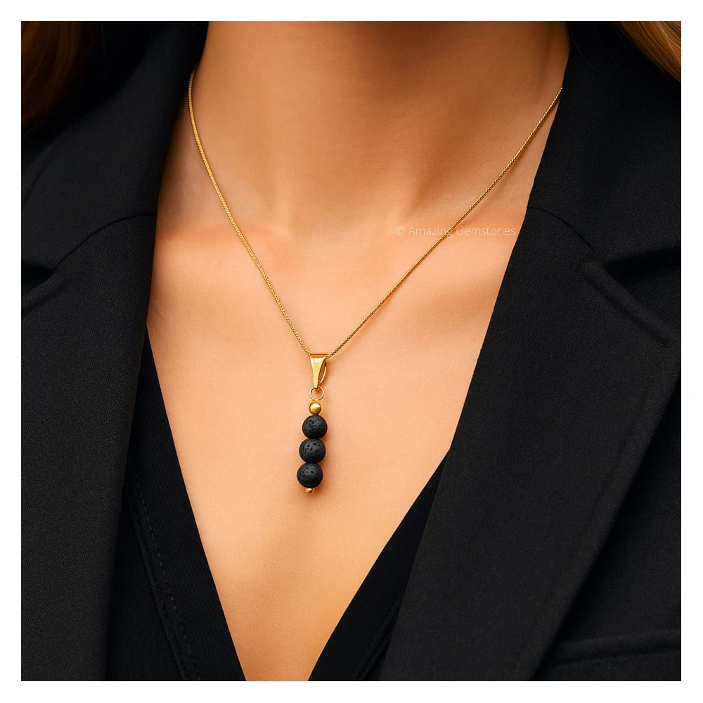 Lava Stone Bead Pendant (Gold)