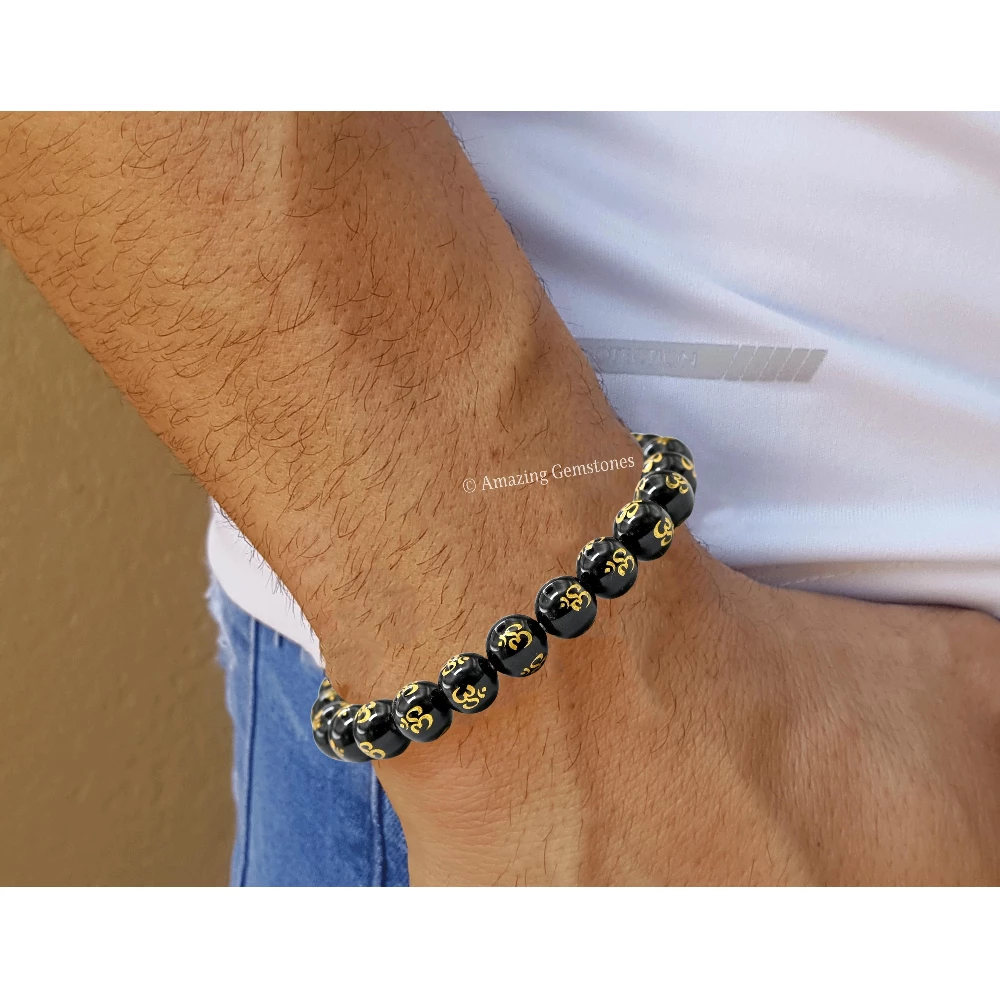 OM Black Agate Bracelet (Stretchable)