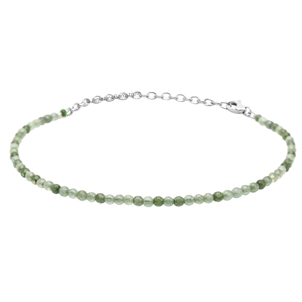 Green Rutilated Quartz Crystal Bracelet - 2mm Faceted Bead (Silver)