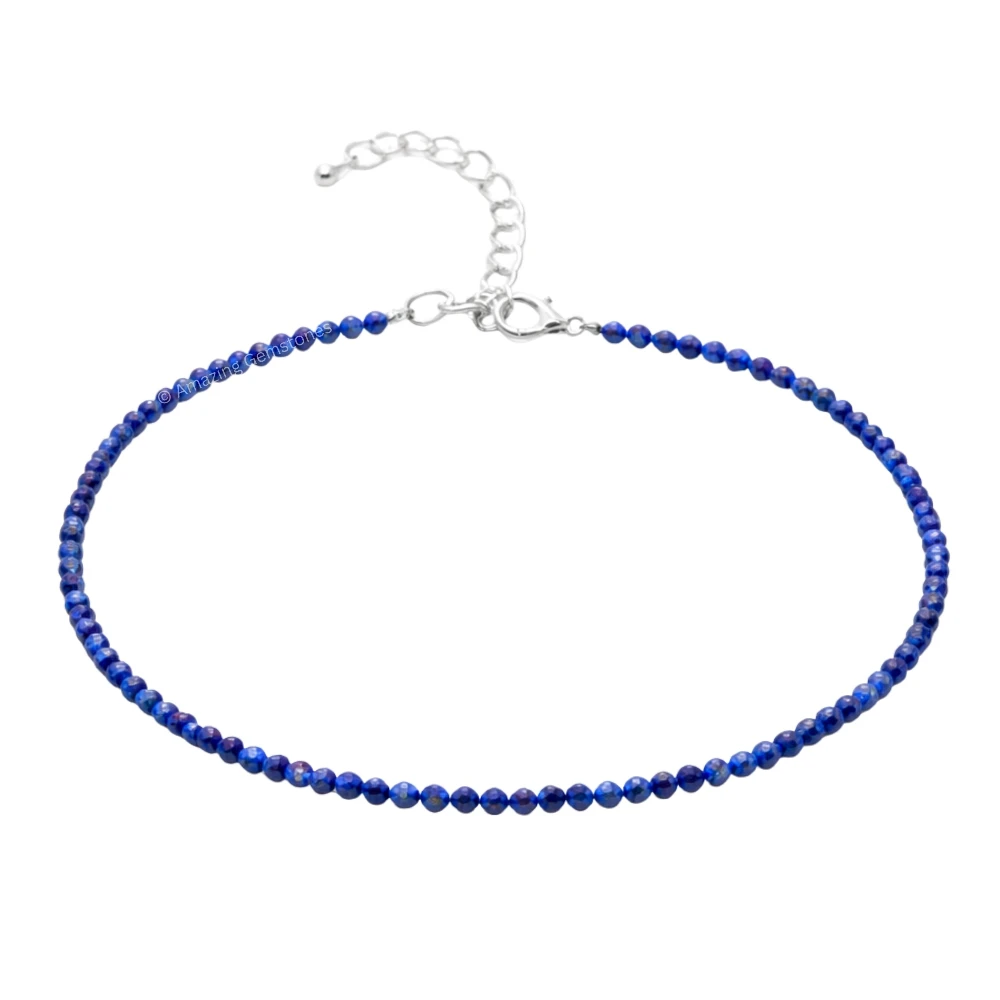 Lapis Lazuli Crystal Anklet - 2mm Faceted Bead (Silver)