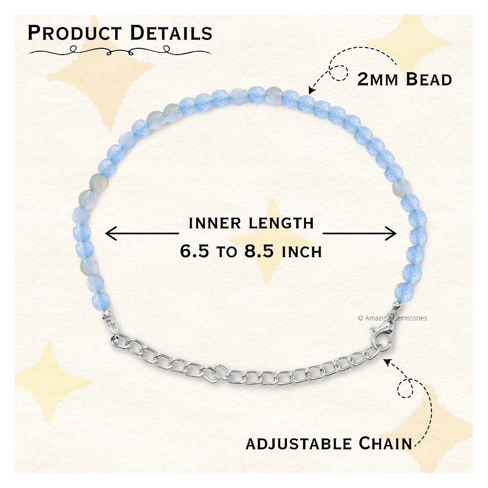 Aquamarine Crystal Bracelet - 2mm Faceted Bead (Silver)