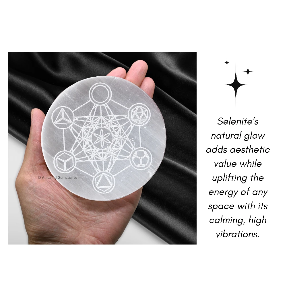 Selenite Charging Plate for Crystals - Metatron Cube with Platonic Solid (4 Inch)