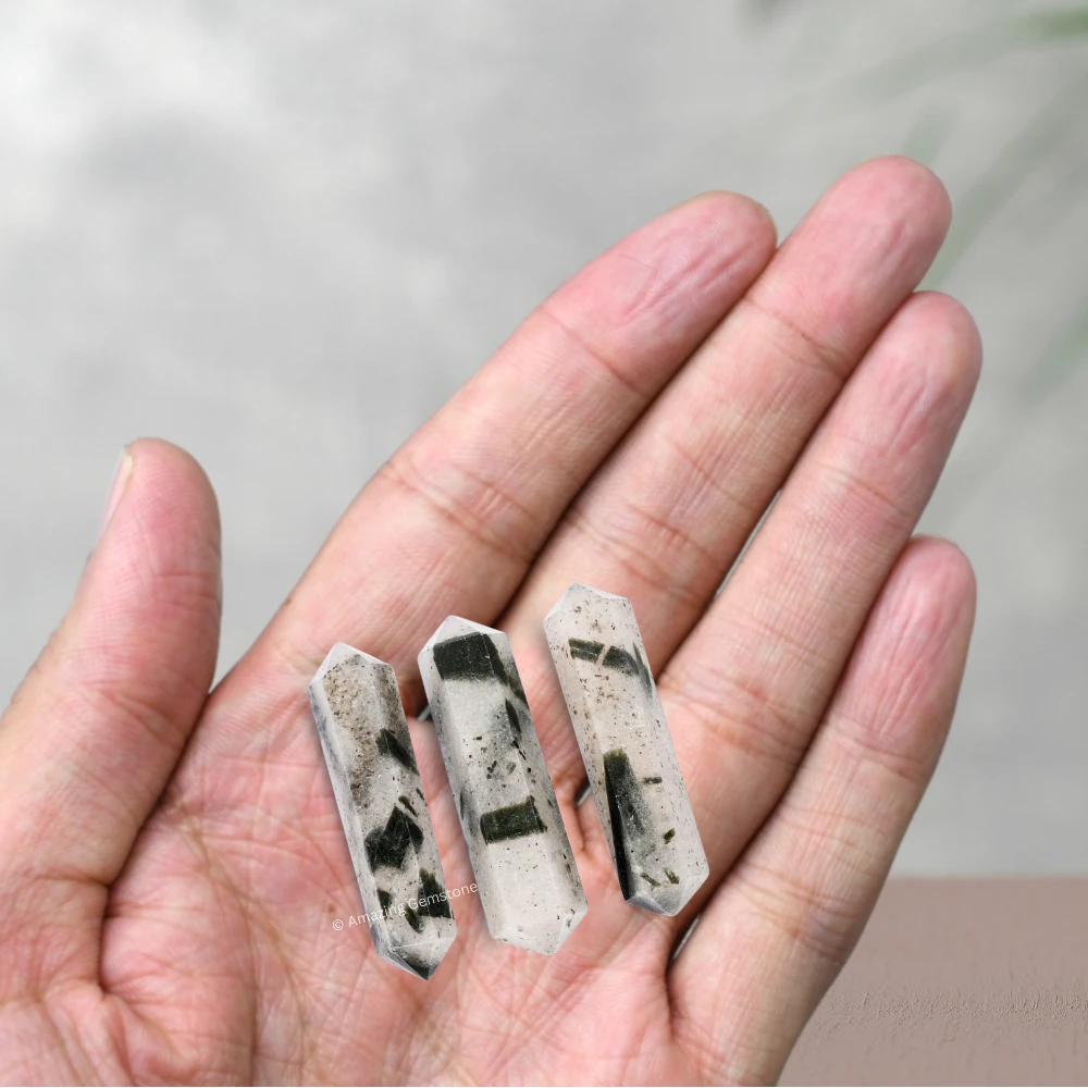 Green Tourmaline in Quartz Pencil Points (Double Terminated) (Set of 3)