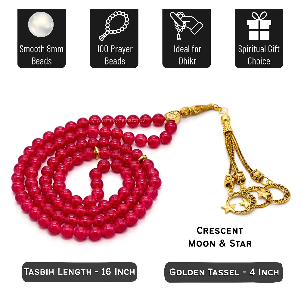 Ruby Jade (Dye) Crystal Tasbeeh Sibha Prayer Beads (Gold)