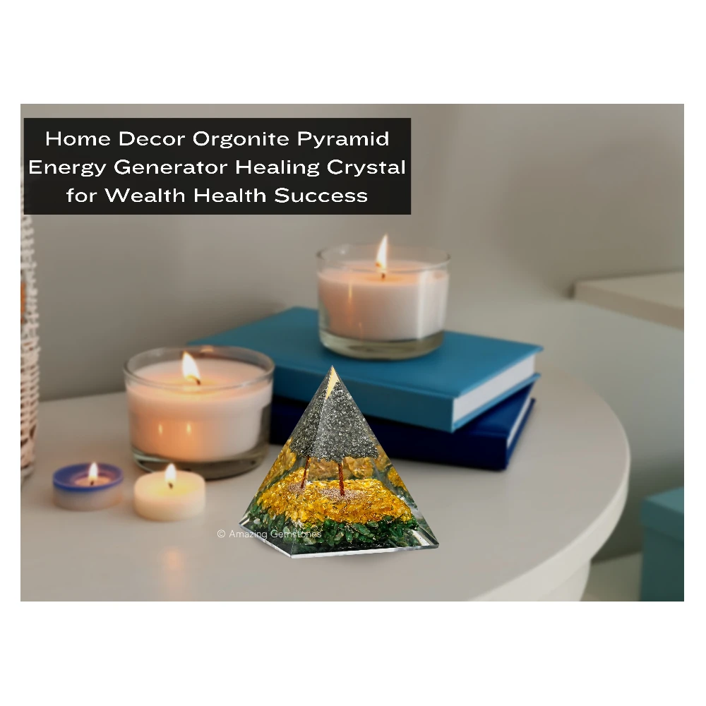 Green Aventurine, Citrine Orgone Pyramid with Pyrite Tree - 70 mm