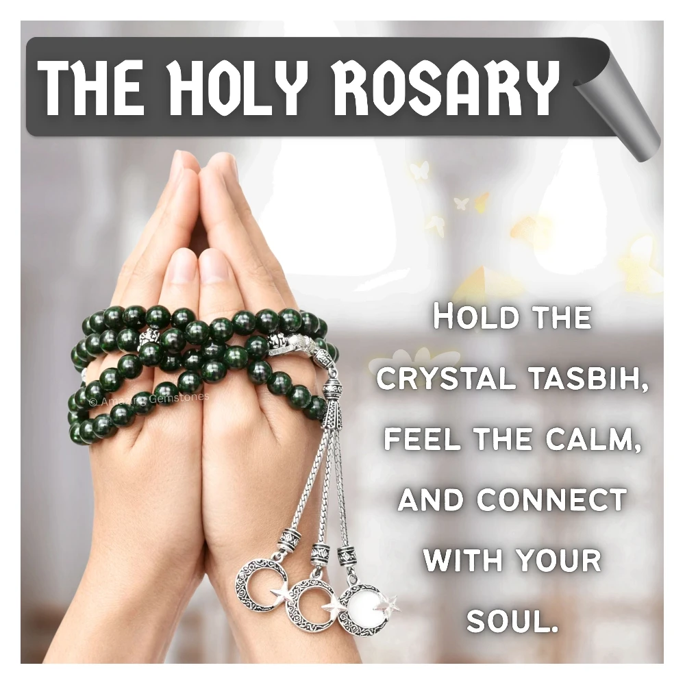 Green Goldstone Crystal Tasbeeh Sibha Prayer Beads (Silver)