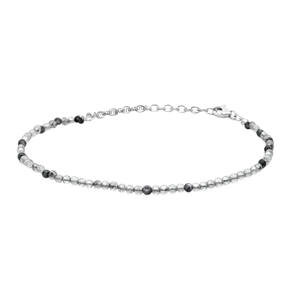 Black Rutilated Quartz Crystal Bracelet - 2mm Faceted Bead (Silver)