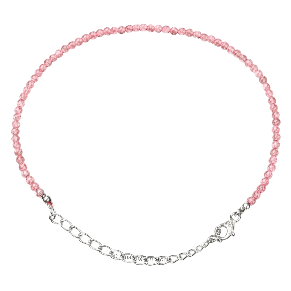 Pink Strawberry Crystal Bracelet - 2mm Faceted Bead (Silver)