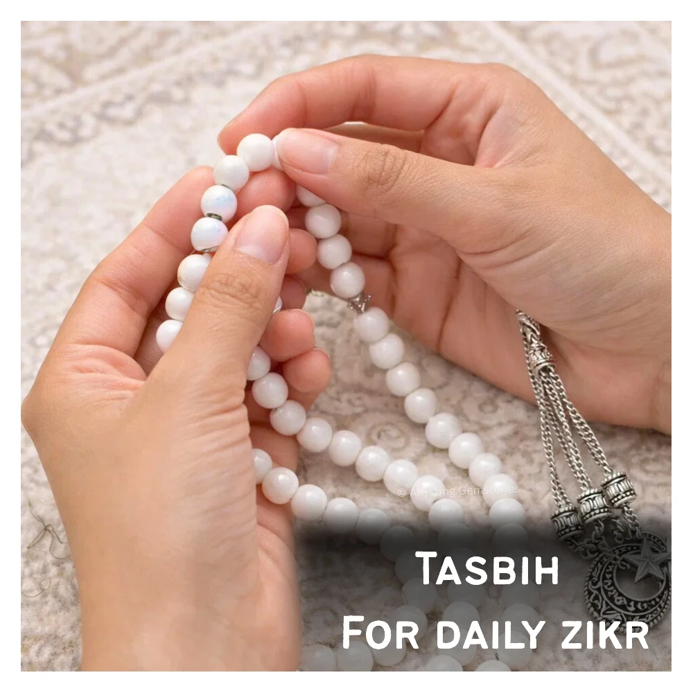 Mother of Pearl Crystal Tasbeeh Sibha Prayer Beads (Silver)
