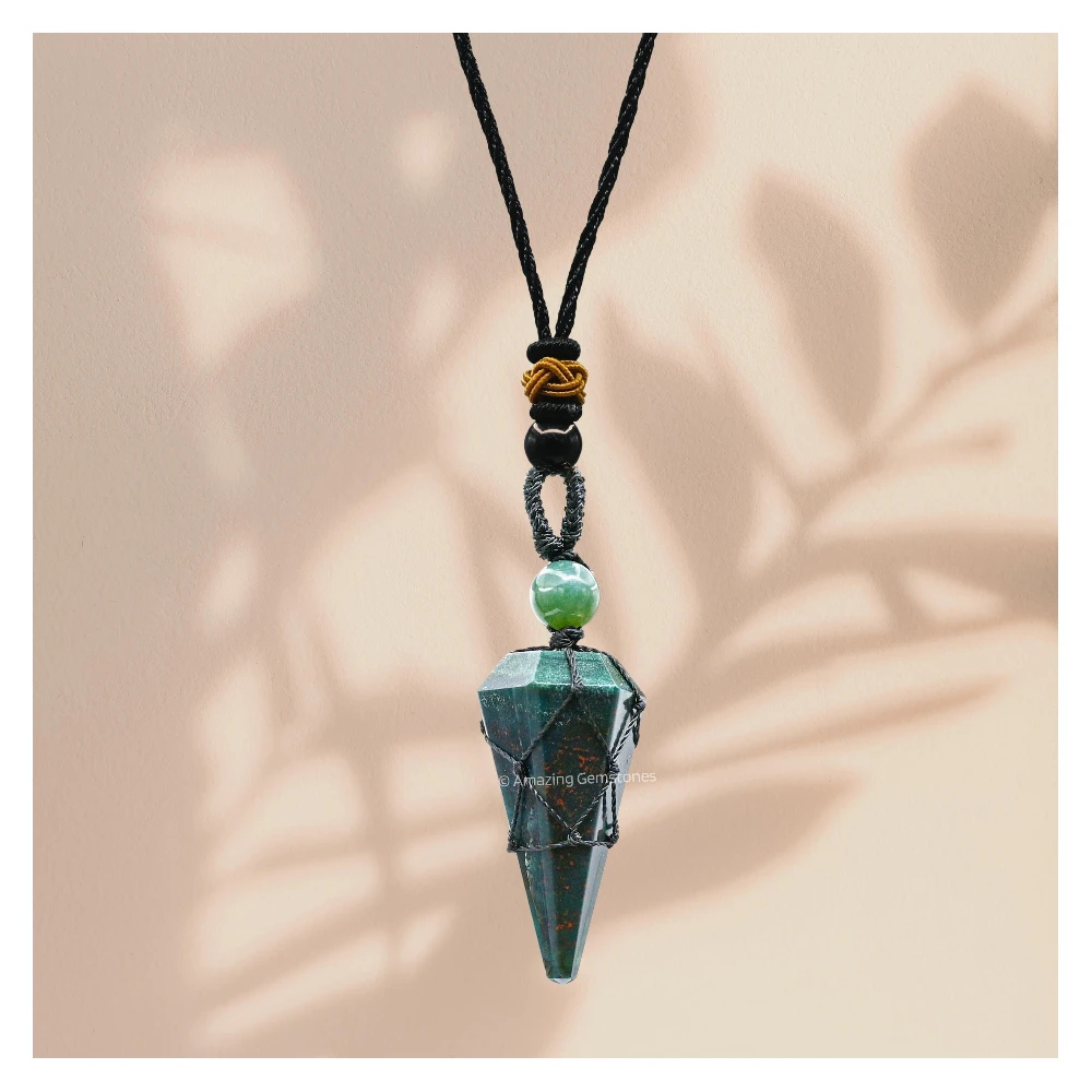 Bloodstone Pendulum Pendant Necklace (Macrame)