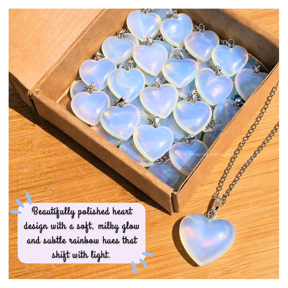 Opalite Heart Crystal Necklace (Puffy Heart)