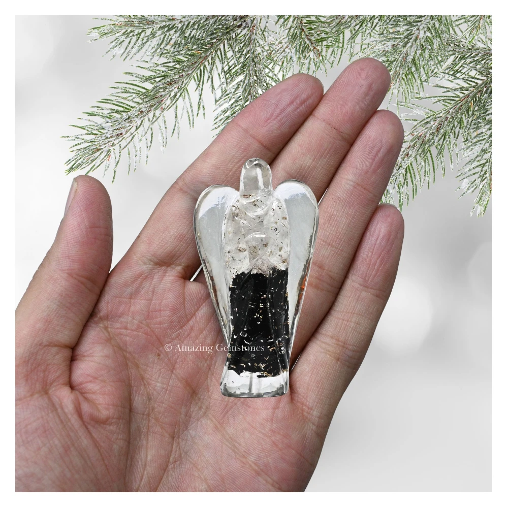 Selenite Black Tourmaline Orgone Angel Figurine (Layer) (2 Inch)