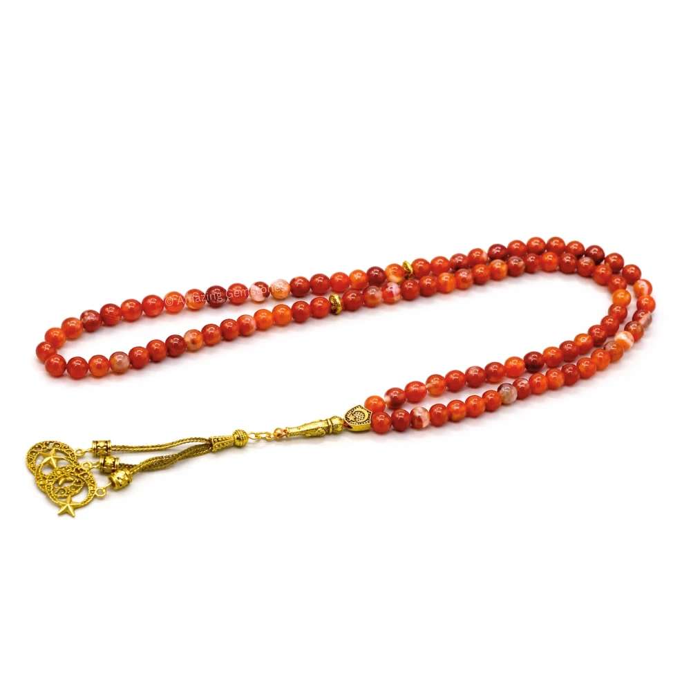 Red Banded Agate Crystal Tasbeeh Sibha Prayer Beads (Gold)