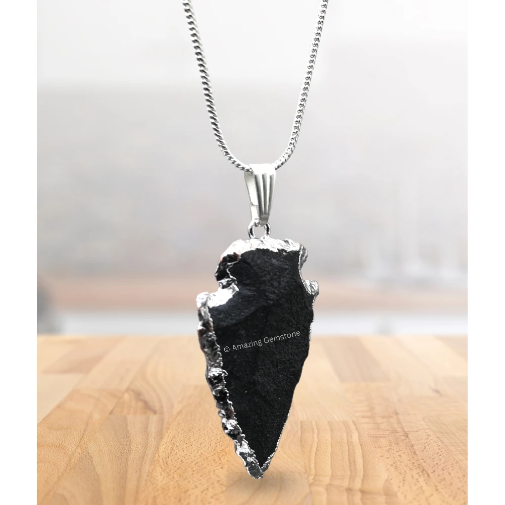 Black Agate Arrowhead Pendant - Silver Plated
