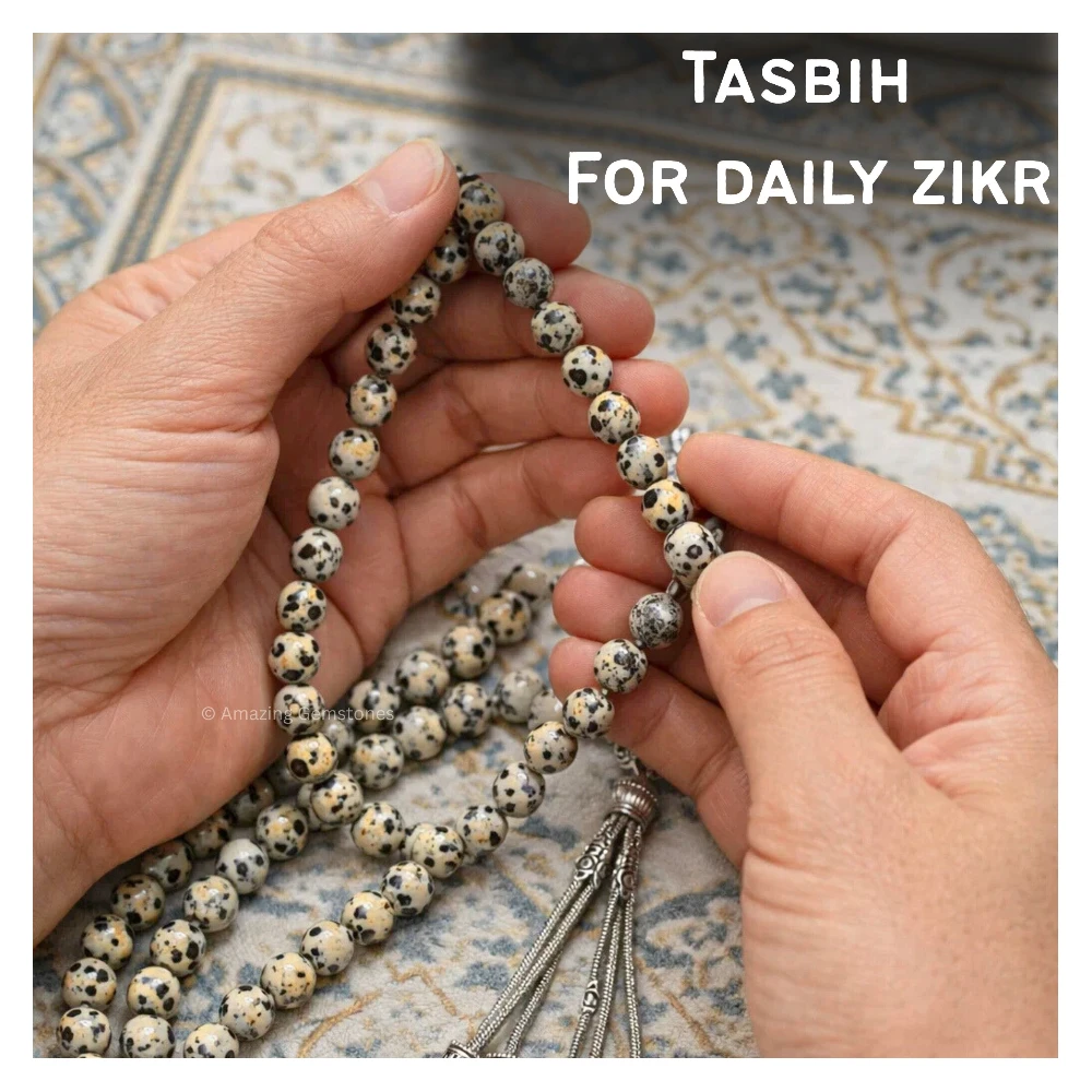 Dalmatian Jasper Crystal Tasbeeh Sibha Prayer Beads (Silver)