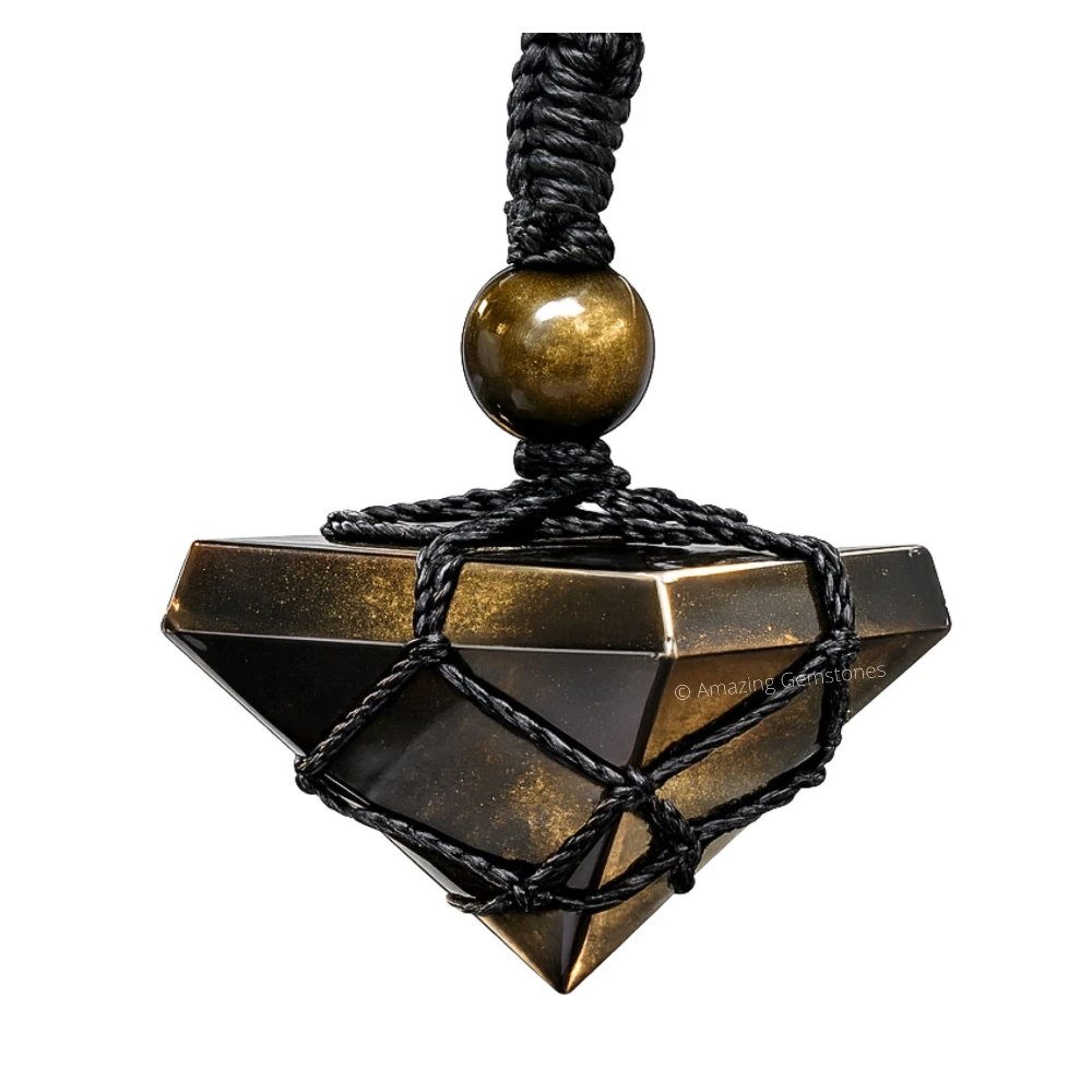 Golden Sheen Obsidian Pyramid Pendant Necklace (Macrame)
