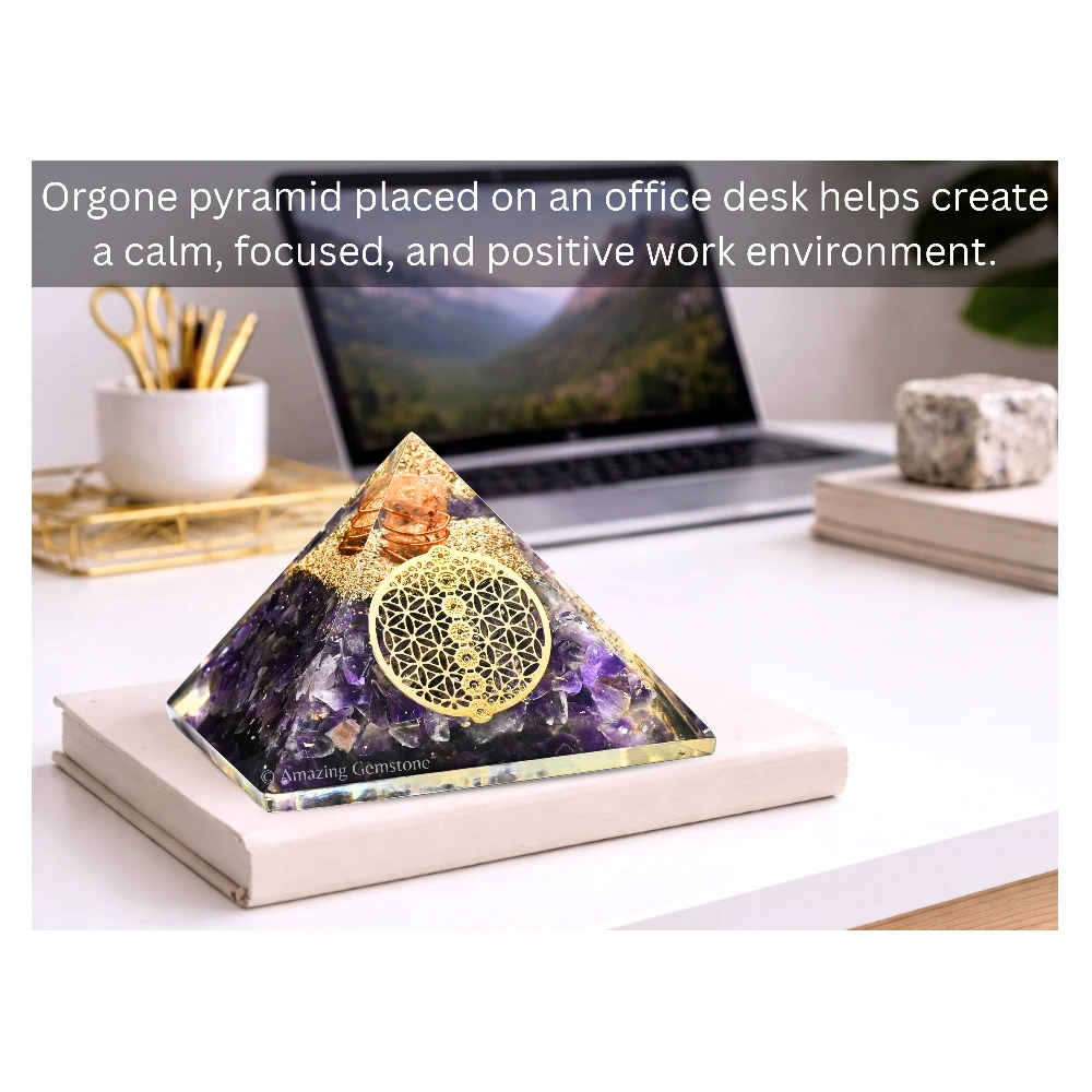 Amethyst Orgone Pyramid - Chakra Flower of Life